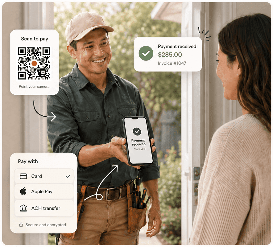 A contractor at a homeowner's doorstep showing a QR code and a 'payment received' confirmation on his phone